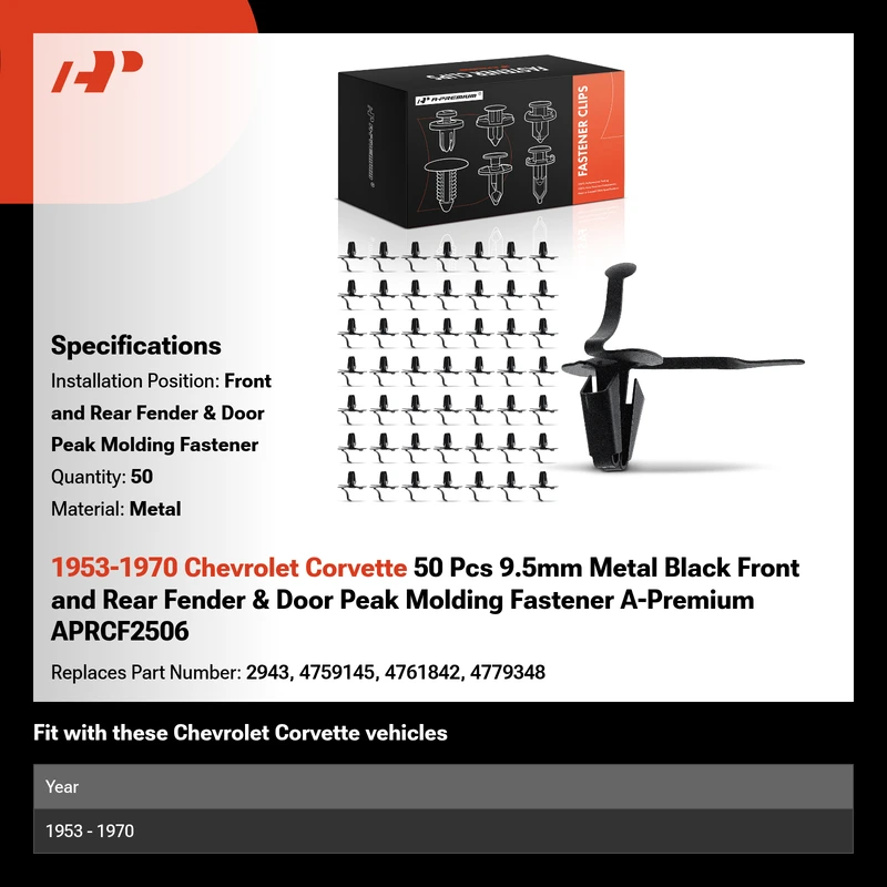 1953-1970 Chevrolet Corvette 50 Pcs 9.5mm Metal Black Front and Rear Fender & Door Peak Molding Fastener A-Premium APRCF2506