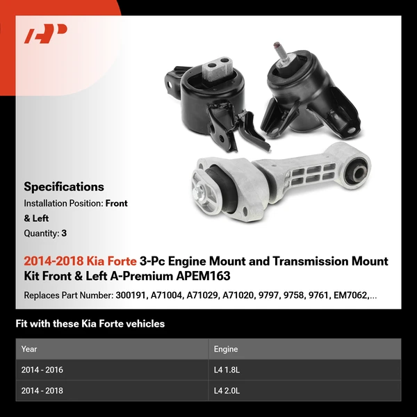 2014-2018 Kia Forte 3-Pc Engine Mount and Transmission Mount Kit Front & Left A-Premium APEM163