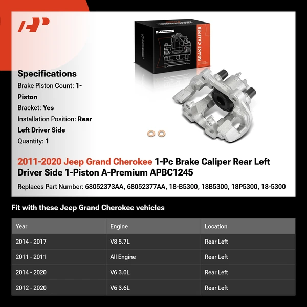 2011-2020 Jeep Grand Cherokee 1-Pc Brake Caliper Rear Left Driver Side 1-Piston A-Premium APBC1245