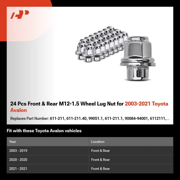 24 Pcs Front & Rear M12-1.5 Wheel Lug Nut for 2003-2021 Toyota Avalon