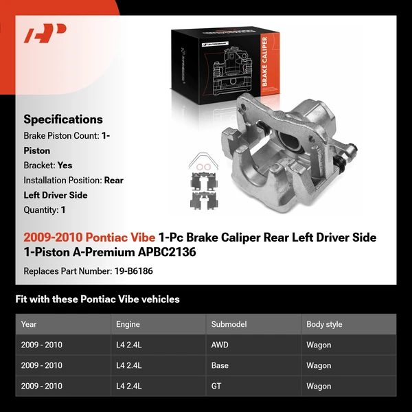 2009-2010 Pontiac Vibe 1-Pc Brake Caliper Rear Left Driver Side 1-Piston A-Premium APBC2136