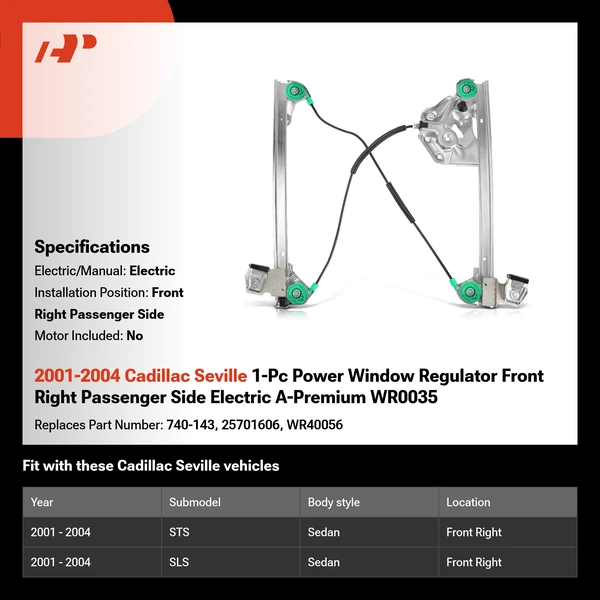 2001-2004 Cadillac Seville 1-Pc Power Window Regulator Front Right Passenger Side Electric A-Premium WR0035