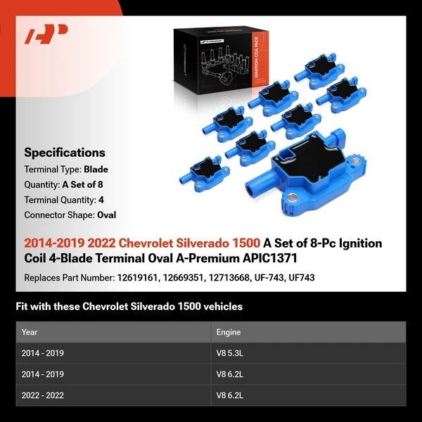 2014-2019 2022 Chevrolet Silverado 1500 A Set of 8-Pc Ignition Coil 4-Blade Terminal Oval A-Premium APIC1371