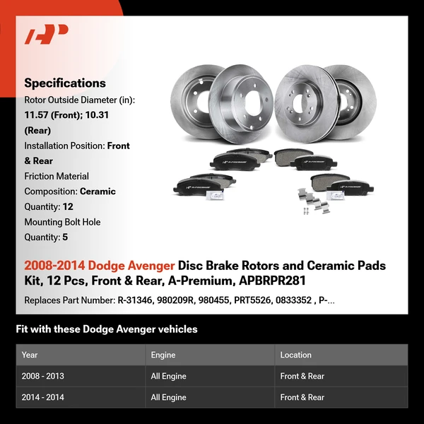 2008-2014 Dodge Avenger Disc Brake Rotors and Ceramic Pads Kit, 12 Pcs, Front & Rear, A-Premium, APBRPR281
