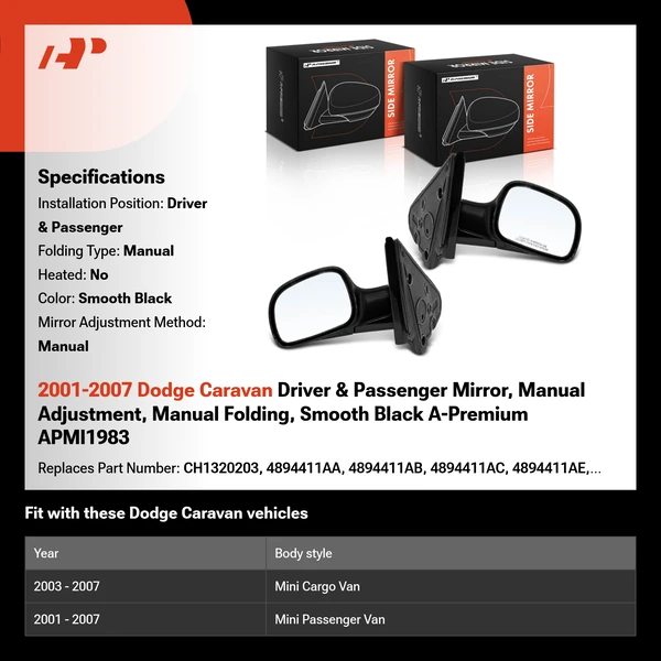 2001-2007 Dodge Caravan Driver & Passenger Mirror, Manual Adjustment, Manual Folding, Smooth Black A-Premium APMI1983