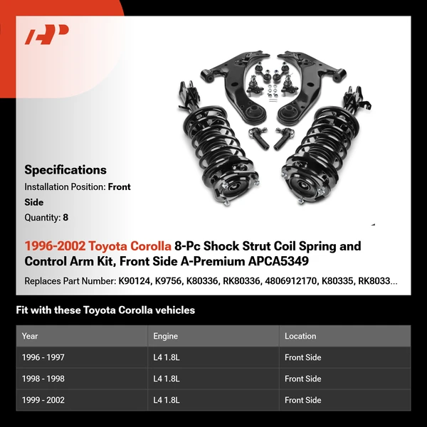 1996-2002 Toyota Corolla 8-Pc Shock Strut Coil Spring and Control Arm Kit, Front Side A-Premium APCA5349