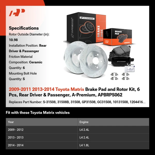 2009-2011 2013-2014 Toyota Matrix Brake Pad and Rotor Kit, 6 Pcs, Rear Driver & Passenger, A-Premium, APBRPS062