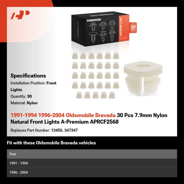 1991-1994 1996-2004 Oldsmobile Bravada 30 Pcs 7.9mm Nylon Natural Front Lights A-Premium APRCF2568