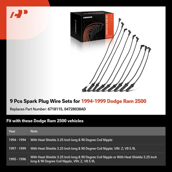 9 Pcs Spark Plug Wire Sets for 1994-1999 Dodge Ram 2500