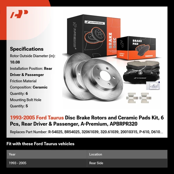 1993-2005 Ford Taurus Disc Brake Rotors and Ceramic Pads Kit, 6 Pcs, Rear Driver & Passenger, A-Premium, APBRPR320