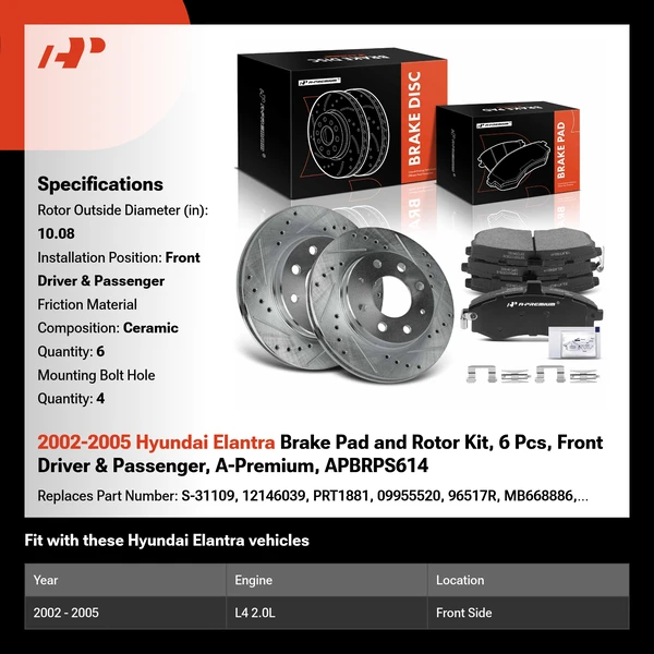 2002-2005 Hyundai Elantra Brake Pad and Rotor Kit, 6 Pcs, Front Driver & Passenger, A-Premium, APBRPS614