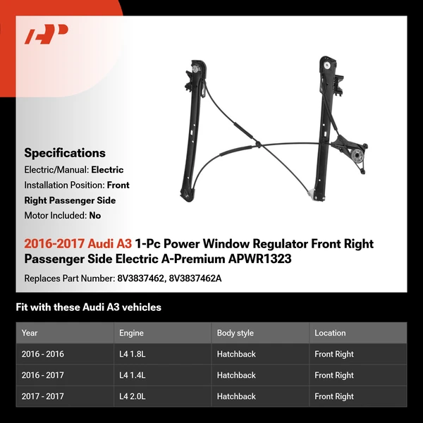 2016-2017 Audi A3 1-Pc Power Window Regulator Front Right Passenger Side Electric A-Premium APWR1323