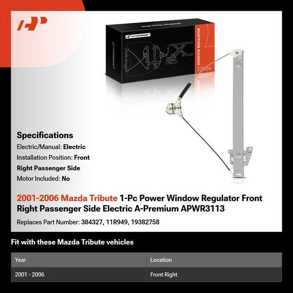 2001-2006 Mazda Tribute 1-Pc Power Window Regulator Front Right Passenger Side Electric A-Premium APWR3113