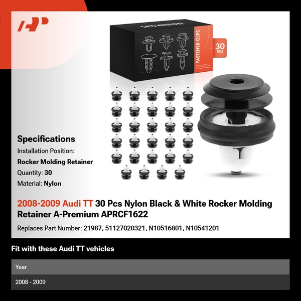 2008-2009 Audi TT 30 Pcs Nylon Black & White Rocker Molding Retainer A-Premium APRCF1622