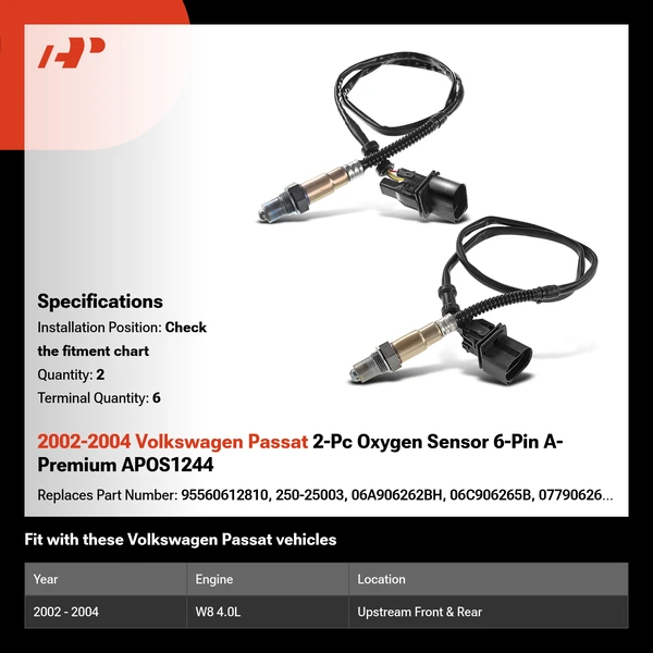 2002-2004 Volkswagen Passat 2-Pc Oxygen Sensor 6-Pin A-Premium APOS1244