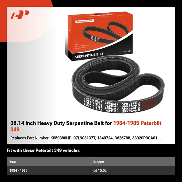 38.14 inch Heavy Duty Serpentine Belt for 1984-1985 Peterbilt 349