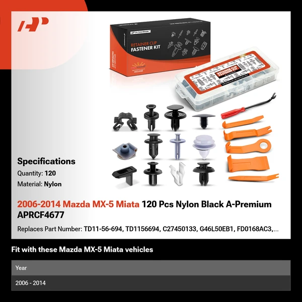 2006-2014 Mazda MX-5 Miata 120 Pcs Nylon Black A-Premium APRCF4677