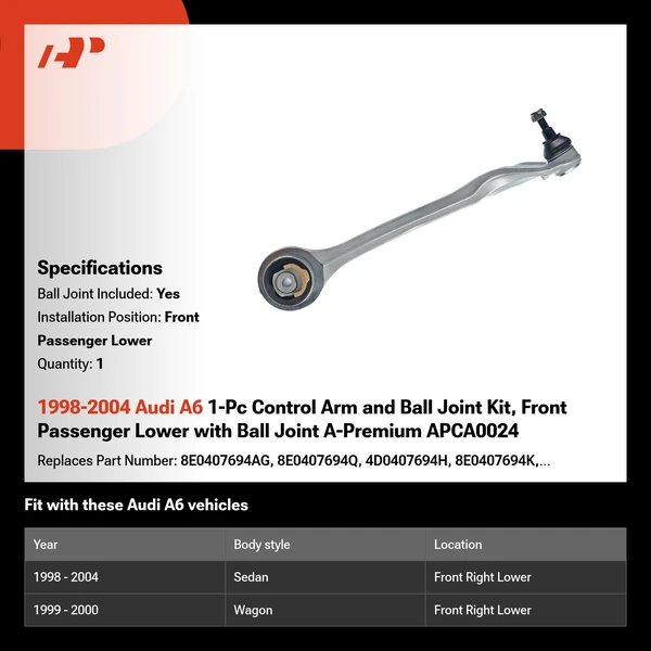 1998-2004 Audi A6 1-Pc Control Arm and Ball Joint Kit, Front Passenger Lower with Ball Joint A-Premium APCA0024