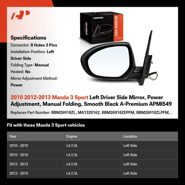 2010 2012-2013 Mazda 3 Sport Left Driver Side Mirror, Power Adjustment, Manual Folding, Smooth Black A-Premium APMI549
