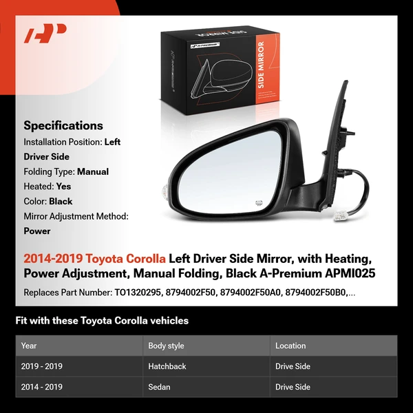 2014-2019 Toyota Corolla Left Driver Side Mirror, with Heating, Power Adjustment, Manual Folding, Black A-Premium APMI025