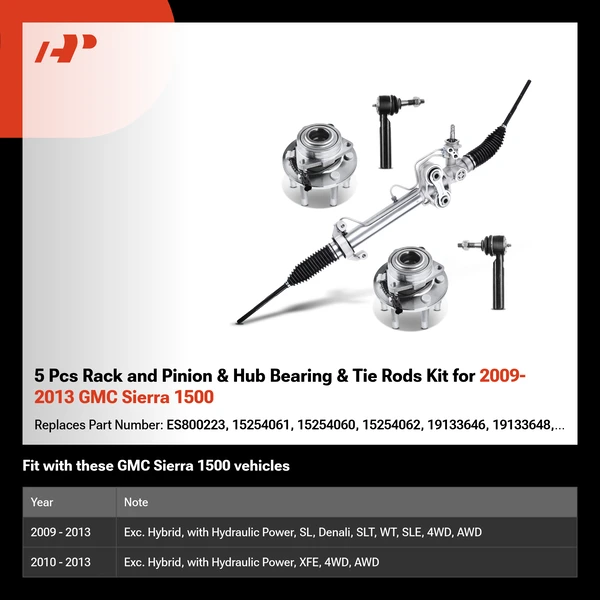 5 Pcs Rack and Pinion & Hub Bearing & Tie Rods Kit for 2009-2013 GMC Sierra 1500