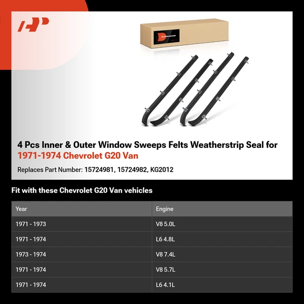 4 Pcs Inner & Outer Window Sweeps Felts Weatherstrip Seal for 1971-1974 Chevrolet G20 Van