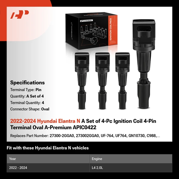 2022-2024 Hyundai Elantra N A Set of 4-Pc Ignition Coil 4-Pin Terminal Oval A-Premium APIC0422