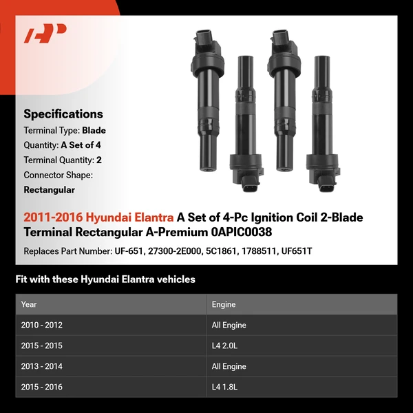 2011-2016 Hyundai Elantra A Set of 4-Pc Ignition Coil 2-Blade Terminal Rectangular A-Premium 0APIC0038