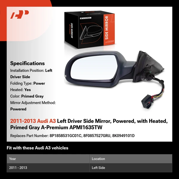 2011-2013 Audi A3 Left Driver Side Mirror, Powered, with Heated, Primed Gray A-Premium APMI1635TW