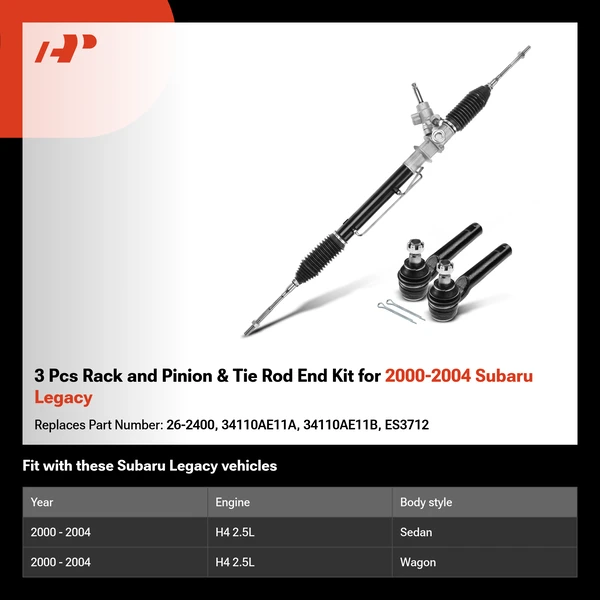 3 Pcs Rack and Pinion & Tie Rod End Kit for 2000-2004 Subaru Legacy