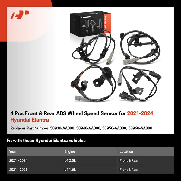 4 Pcs Front & Rear ABS Wheel Speed Sensor for 2021-2024 Hyundai Elantra