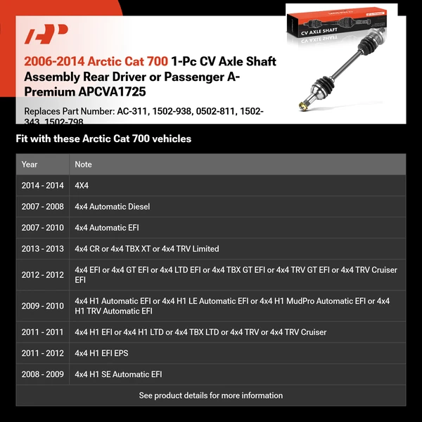 2006-2014 Arctic Cat 700 1-Pc CV Axle Shaft Assembly Rear Driver or Passenger A-Premium APCVA1725