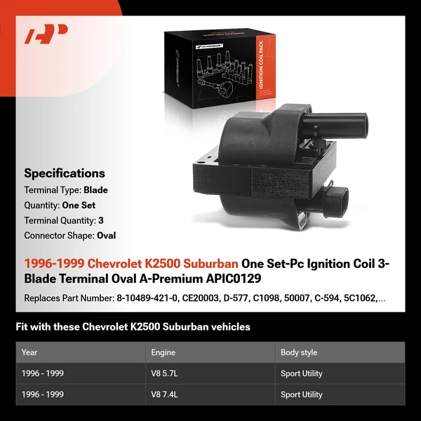 1996-1999 Chevrolet K2500 Suburban One Set-Pc Ignition Coil 3-Blade Terminal Oval A-Premium APIC0129