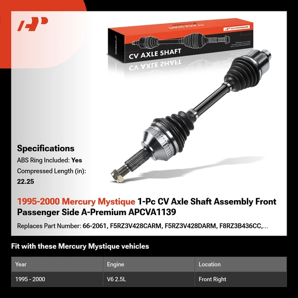 1995-2000 Mercury Mystique 1-Pc CV Axle Shaft Assembly Front Passenger Side A-Premium APCVA1139