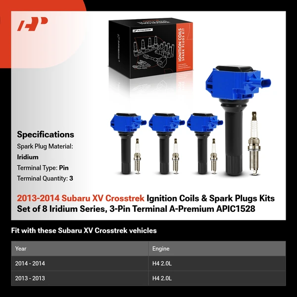 2013-2014 Subaru XV Crosstrek Ignition Coils & Spark Plugs Kits Set of 8 Iridium Series, 3-Pin Terminal A-Premium APIC1528