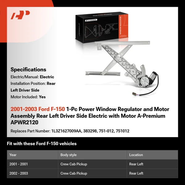 2001-2003 Ford F-150 1-Pc Power Window Regulator and Motor Assembly Rear Left Driver Side Electric with Motor A-Premium APWR2120