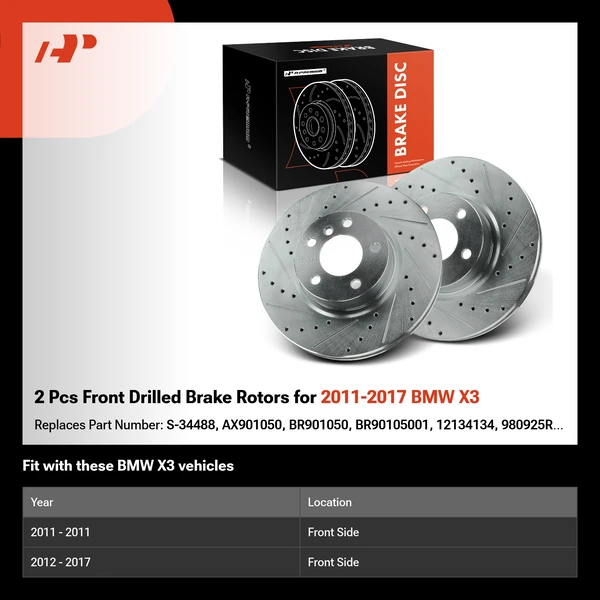 2 Pcs Front Drilled Brake Rotors for 2011-2017 BMW X3