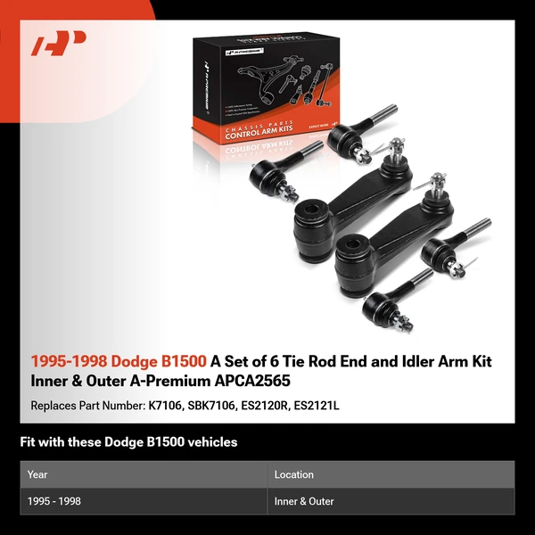 1995-1998 Dodge B1500 A Set of 6 Tie Rod End and Idler Arm Kit Inner & Outer A-Premium APCA2565