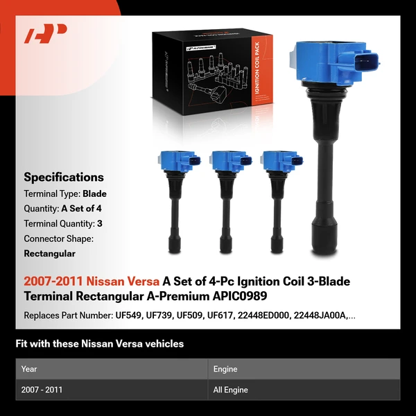 2007-2011 Nissan Versa A Set of 4-Pc Ignition Coil 3-Blade Terminal Rectangular A-Premium APIC0989