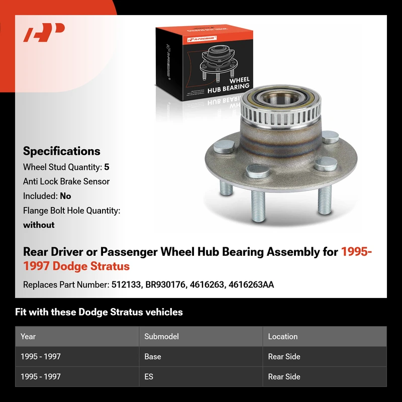 Rear Driver or Passenger Wheel Hub Bearing Assembly for 1995-1997 Dodge Stratus