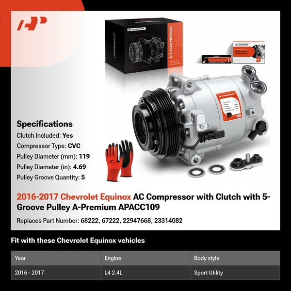 2016-2017 Chevrolet Equinox AC Compressor with Clutch with 5-Groove Pulley A-Premium APACC109