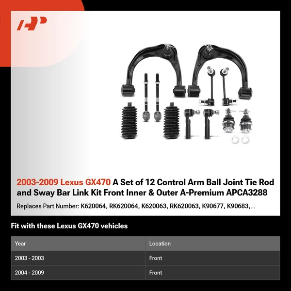 2003-2009 Lexus GX470 A Set of 12 Control Arm Ball Joint Tie Rod and Sway Bar Link Kit Front Inner & Outer A-Premium APCA3288