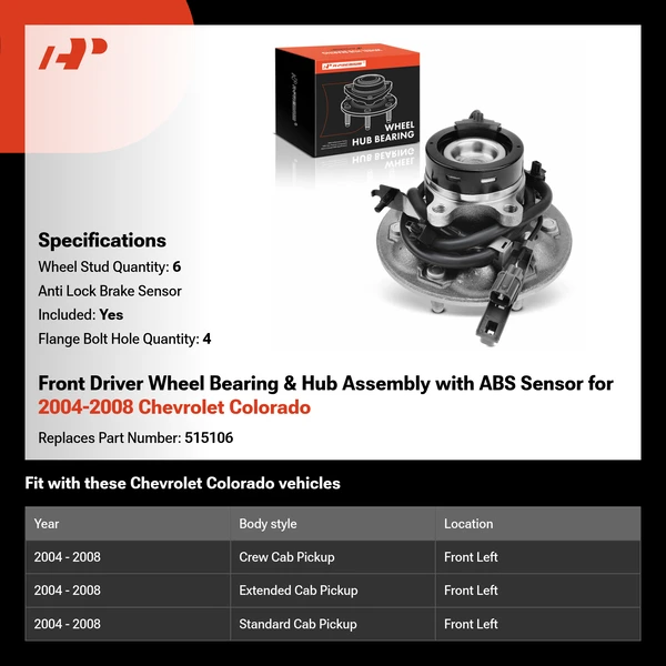 Front Driver Wheel Bearing & Hub Assembly with ABS Sensor for 2004-2008 Chevrolet Colorado