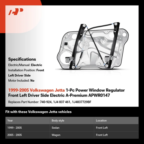 1999-2005 Volkswagen Jetta 1-Pc Power Window Regulator Front Left Driver Side Electric A-Premium APWR0147