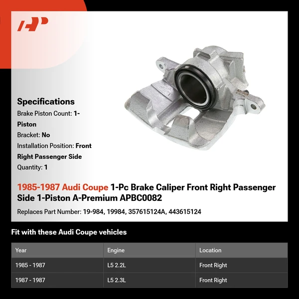 1985-1987 Audi Coupe 1-Pc Brake Caliper Front Right Passenger Side 1-Piston A-Premium APBC0082