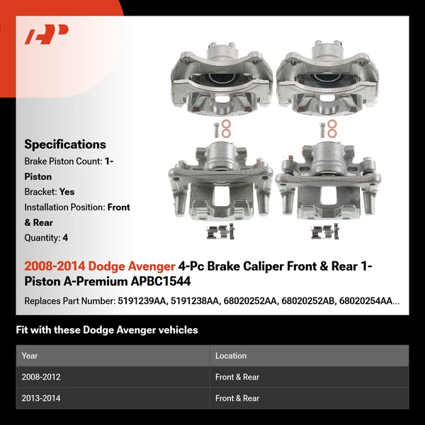 2008-2014 Dodge Avenger 4-Pc Brake Caliper Front & Rear 1-Piston A-Premium APBC1544