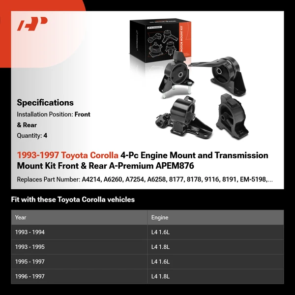 1993-1997 Toyota Corolla 4-Pc Engine Mount and Transmission Mount Kit Front & Rear A-Premium APEM876