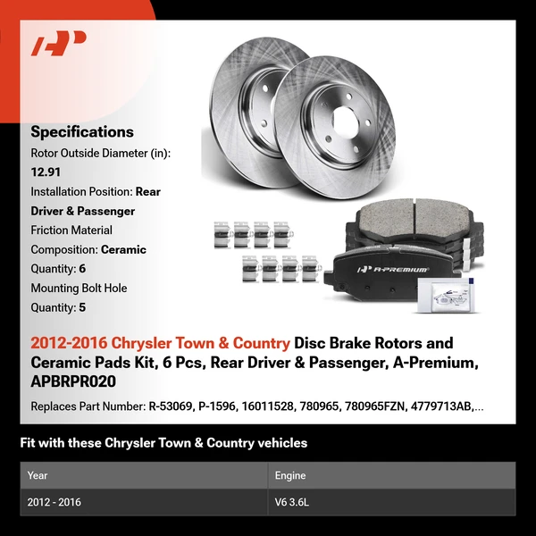 2012-2016 Chrysler Town & Country Disc Brake Rotors and Ceramic Pads Kit, 6 Pcs, Rear Driver & Passenger, A-Premium, APBRPR020