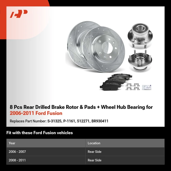 8 Pcs Rear Drilled Brake Rotor & Pads + Wheel Hub Bearing for 2006-2011 Ford Fusion
