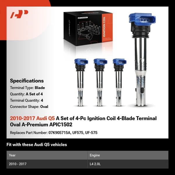 2010-2017 Audi Q5 A Set of 4-Pc Ignition Coil 4-Blade Terminal Oval A-Premium APIC1502